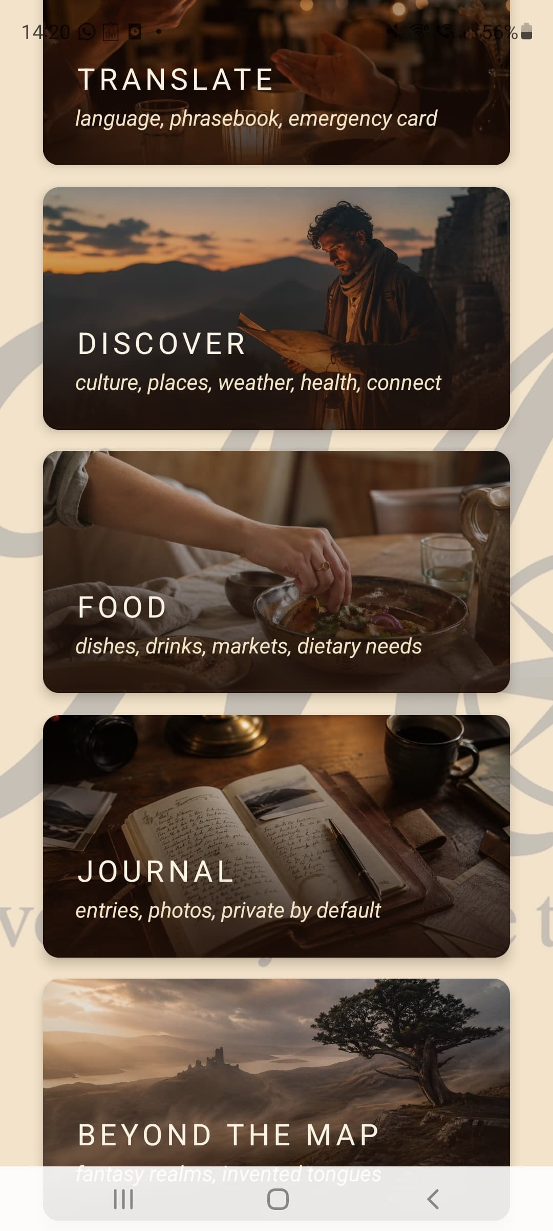 Marno main grid — Translate, Discover, Food, Journal, Beyond the Map