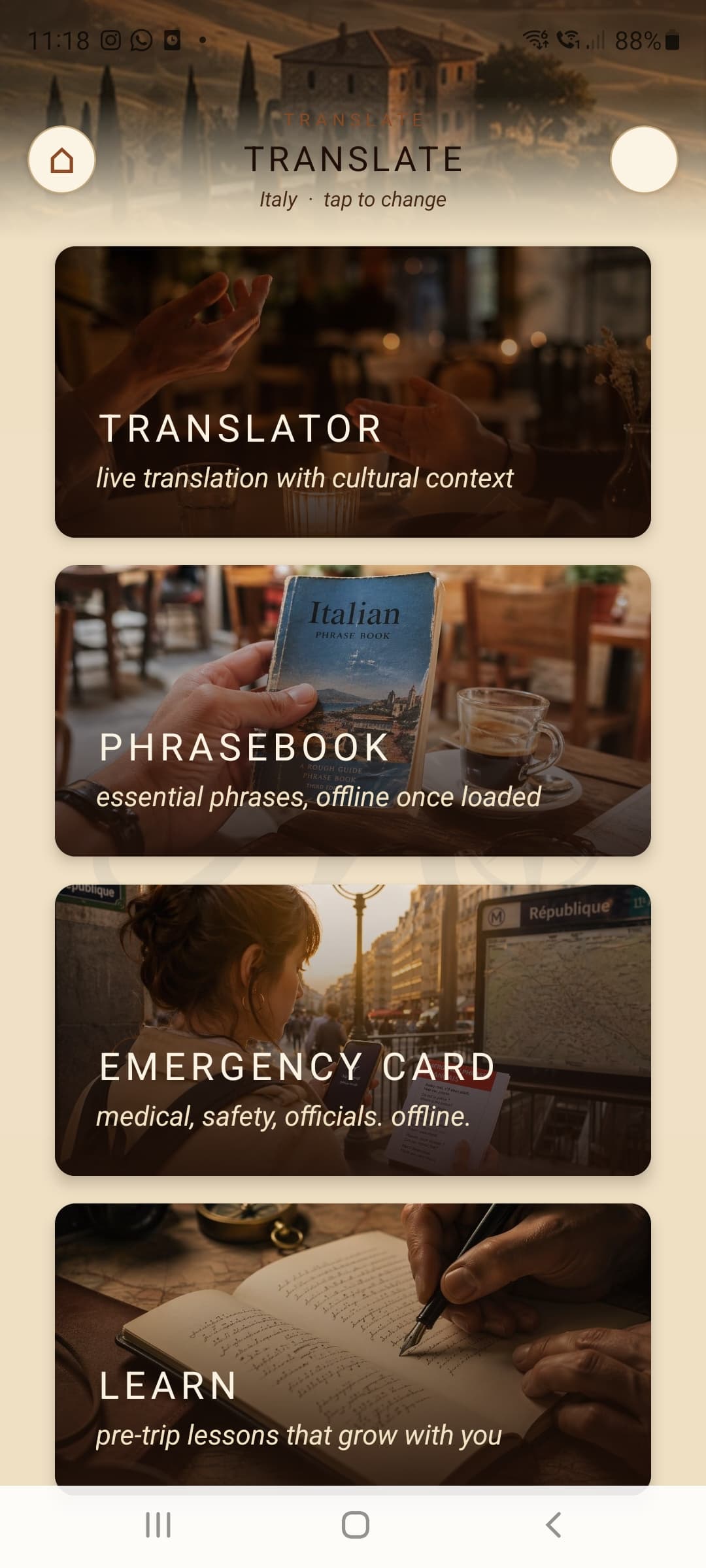 Translate — Translator, Phrasebook, Emergency Card, Learn