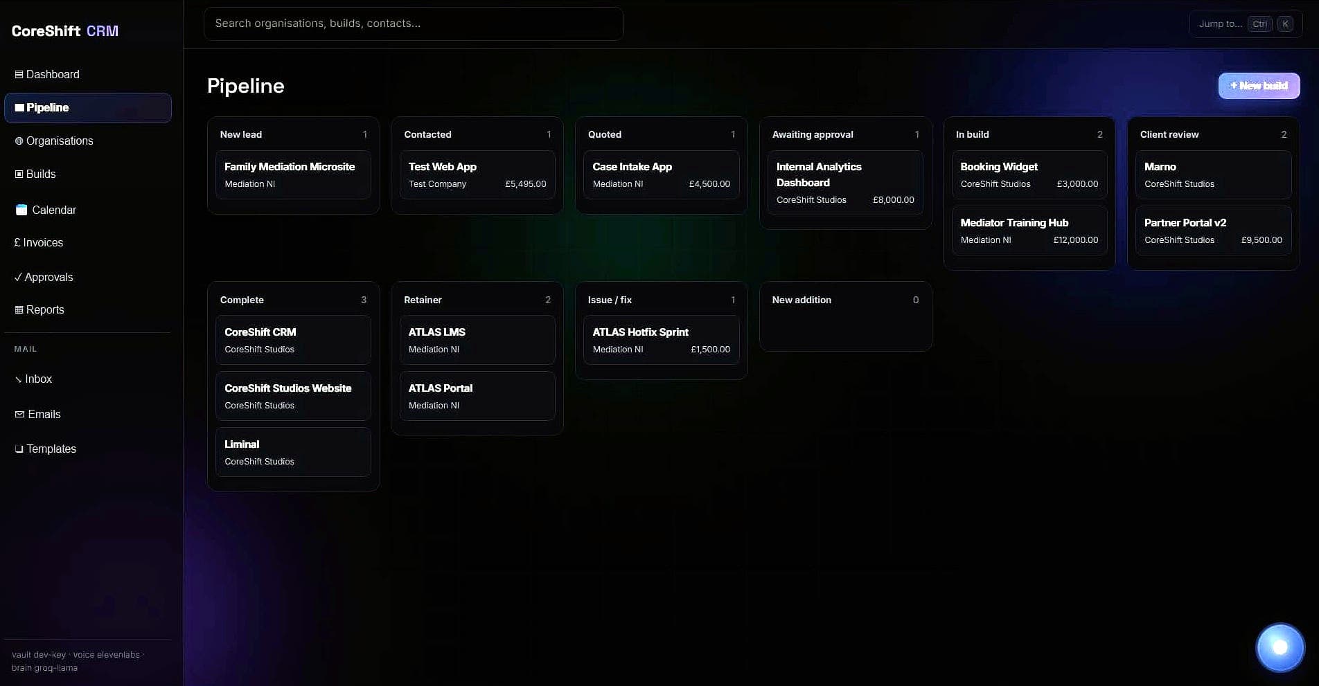 CoreShift CRM pipeline board with builds grouped by stage